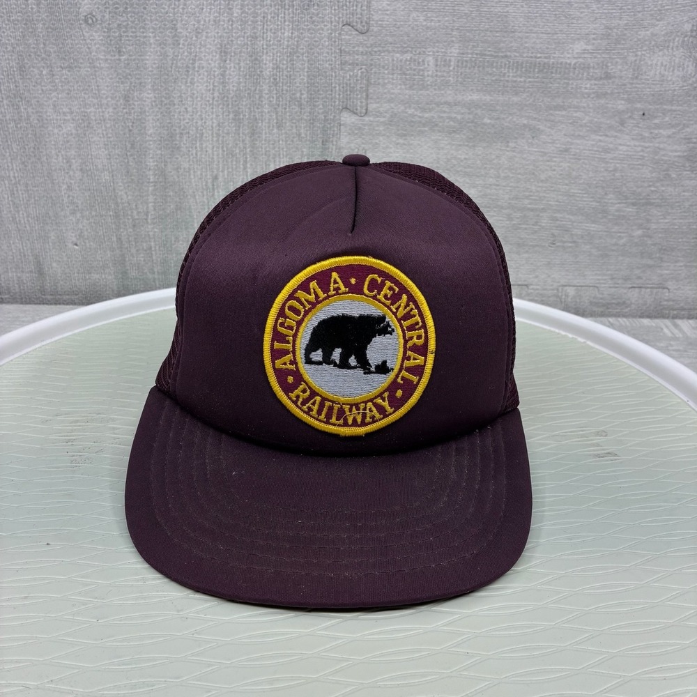 Vintage Algoma Central Railway Trucker Hat Cap Snapback‎ Maroon Patch Logo